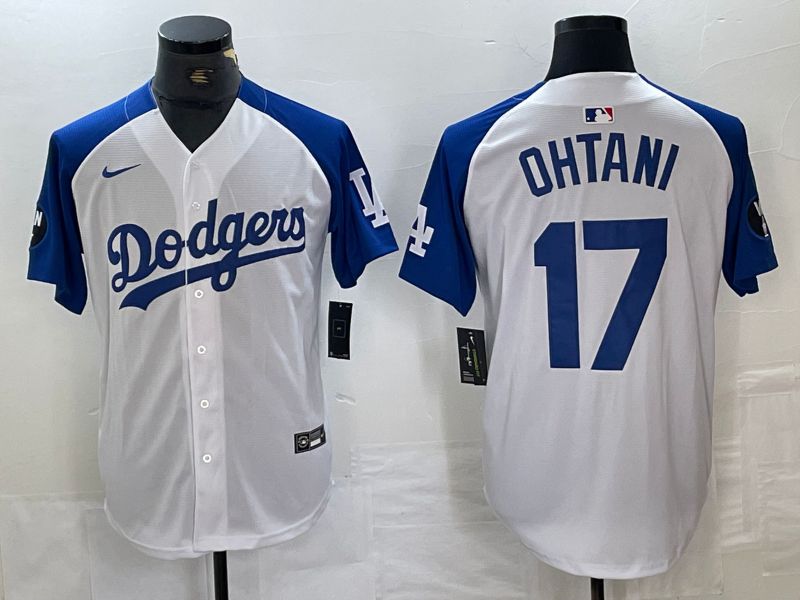 Men Los Angeles Dodgers 17 Ohtani White blue Fashion Nike Game MLB Jersey style 5